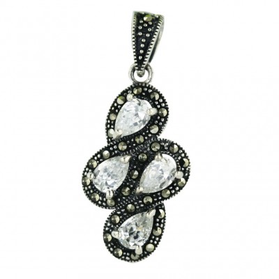 Marcasite Pendant 6X4mm 4 Clear Cubic Zirconia Tear Drop with Oxidized Rope Figur