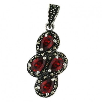 Marcasite Pendant 6X4mm 4 Garnet Cubic Zirconia Tear Drop with Oxidized Rope Figur