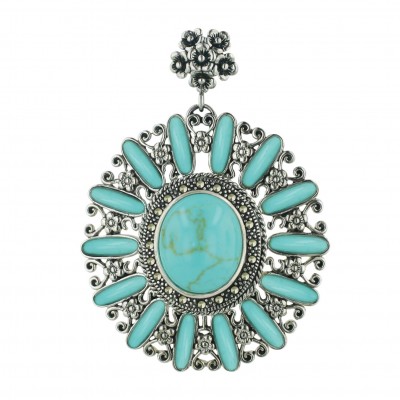 Marcasite Pendant Faux Turquoise Oval with Oblong Around+Oxidized Flower