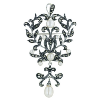 Marcasite Pin/Pendant 54X38mm Pave Marcasite Leaf Branches with 7mm Wh