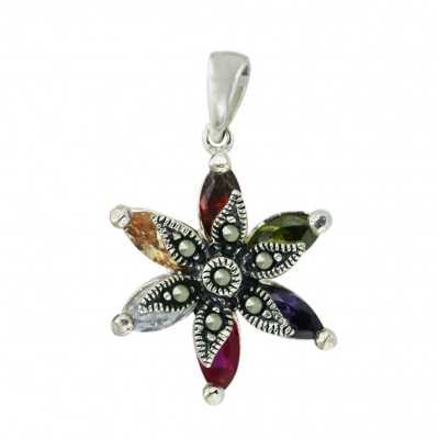 Marcasite Pendant 6 Marquis Champagne,Garnet, Olivine,Amethyst,Fs, Lv Cubic Zirconia Petal Flower