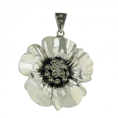 Marcasite Pendant Silver Flower Petals with Pave Marcasite Ctr