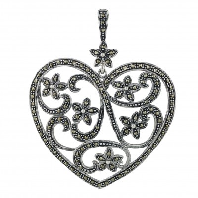 Marcasite Pendant 55X43mm Open Pave Marcasite Heart with Flwrs