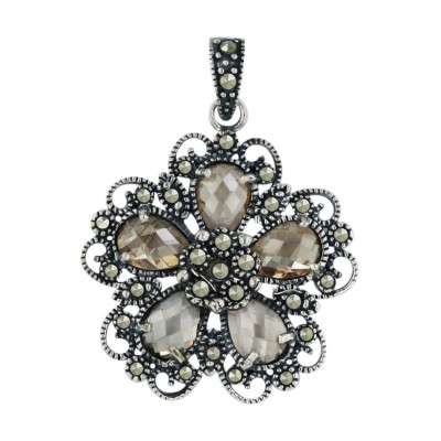 Marcasite Pendant 25X25mm 5 Champagne Cubic Zirconia Chess Cut Flower Petals