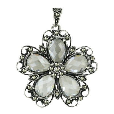 Marcasite Pendant 25X25mm 5 Clear Cubic Zirconia Chess Cut Flower Petals