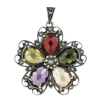 Marcasite Pendant 25X25mm 5 Amethyst+Garnet +Olivine+Champagne+Citrine Cubic Zirconia Chess Cut Flower