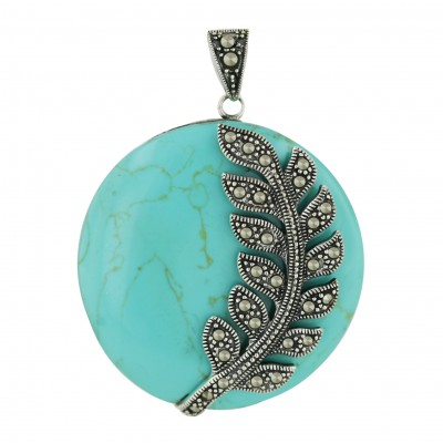 Marcasite Pendant 39X39mm Synthetic Turquoise Round with Pave Marcasite Flower Right