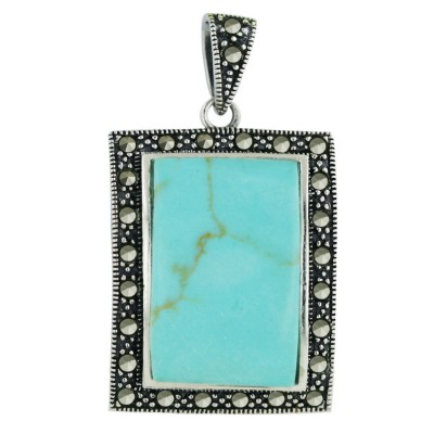 Marcasite Pendant 27X23mm Faux Turquoise Rectangular with Pave Marcasite Around Ben