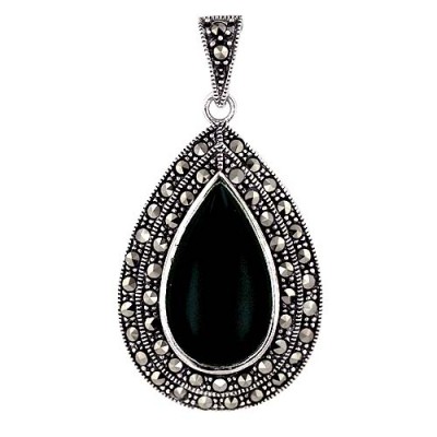 Marcasite Pendant 32X22mm Onyx Tear Drop Bezel Set with Double Pav