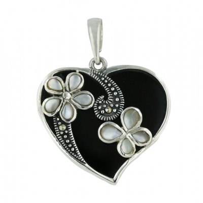 Marcasite Pendant Width 25mm Onyx Heart with White Mother of Pearl Flwrs+Pa
