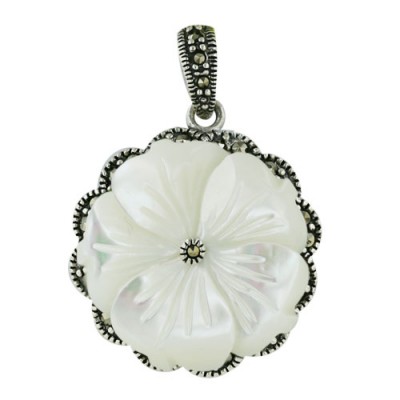 Marcasite Pendant White Mother of Pearl Flower