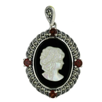 Marcasite Pendant 29X24mm White Mother of Pearl Cameo with Onyx Oval+4 Pcs