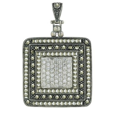 Marcasite Pendant Pave Marcasite Cushion with Clear Cubic Zirconia--Rhodium Plating/Nickle Free--