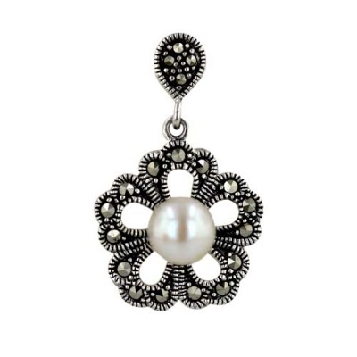 Marcasite Pendant Flower with Round Fresh Water Pearl Center