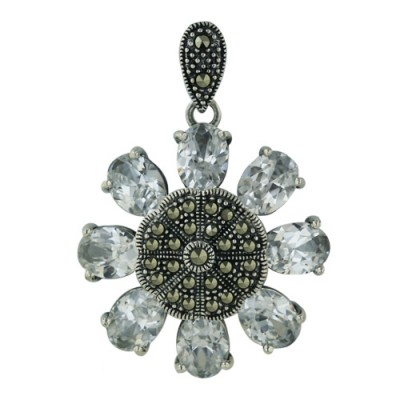 Marcasite Pendant Flower Shape with Clear Cubic Zirconia Petals 8mm/6
