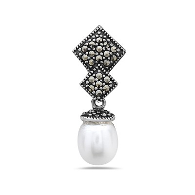 Marcasite Pendant 2 Rhombus 8mm Fresh Water Pearl White