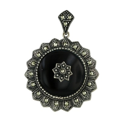 Marcasite Pendant 19mm Onyx Dome Marcasite Surrounding An