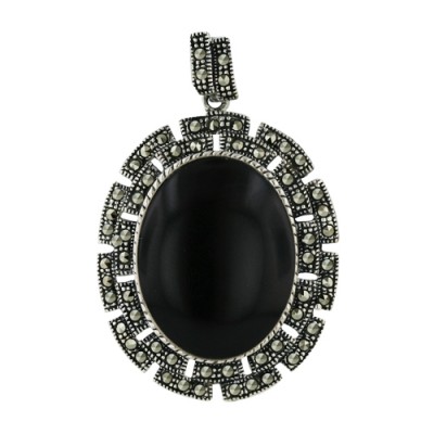 Marcasite Pendant 17X23mm Onyx Oval Center Marcasite Surr