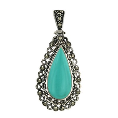 Marcasite Pendant 25mm Turquoise Teardrop Center Small Le