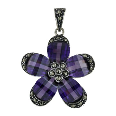 Marcasite Pendant 40 mm Diameter Marcasite Flower Amethyst Cubic Zirconia