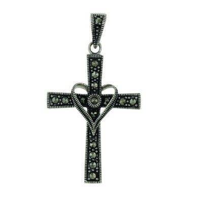 Marcasite Pendant Plain Cross with Open Heart Ctr