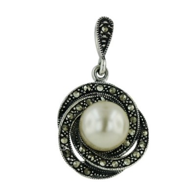 Marcasite Pendant 10mm Pearl on Marcasite Swirl