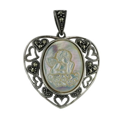 Marcasite Pendant Heart Mother of Pearl Angel Cameo Center