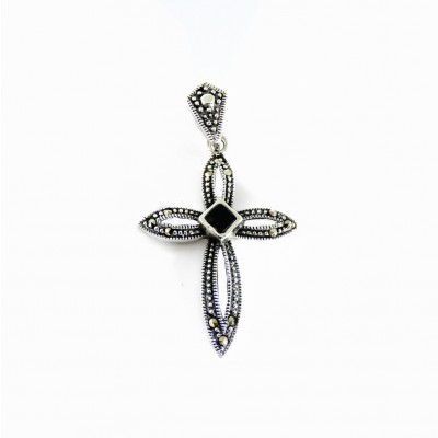 MARCASITE PENDANT ONYX RHOMBUS ON OPEN CROSS