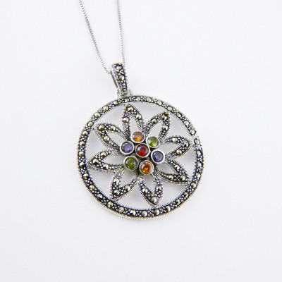 Marcasite PENDANT ROUND LINE CENTER SUN FLOWER MULTICOLOR-6M-1938MC
