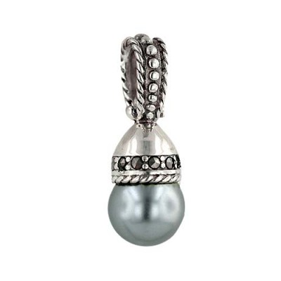 Marcasite Pendant Grey Pearl 13mm+Rope