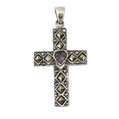 Marcasite Pendant Ame Cubic Zirconia Heart on Square Marcasite Cross