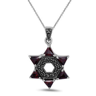 MARCASITE PENDANT JEWISH STAR GARNET CUBIC ZIRCONIA