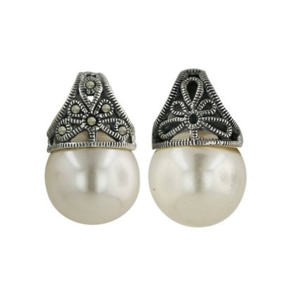 Marcasite Pdnt13mm White Pearl Ball both Sade Filigree Marcasite