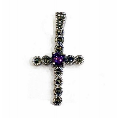 Marcasite Pendant Cross Center Round Amethyst Cubic Zirconia
