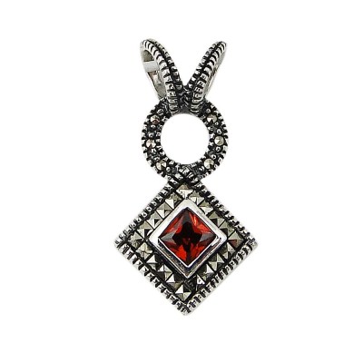 Marcasite Pendant Square Marcasite Around Rhombus Garnet Cubic Zirconia