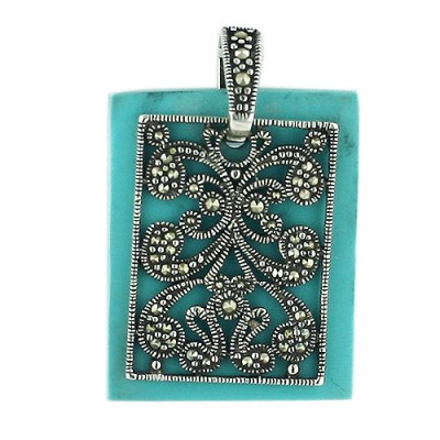 Marcasite Pendant Filigree Flower Frame+Turquoise Color Plastic Rectangular