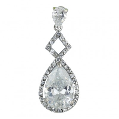 Sterling Silver Pendant 19X14mm Clear Cubic Zirconia Tear Drop with Clear Cubic Zirconia