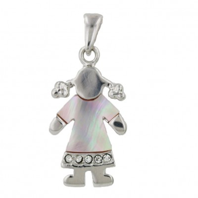 Sterling Silver Pndt Girl with Pink Mother of Pearl Shirt + Cubic Zirconia-Rhodium Plating Plated