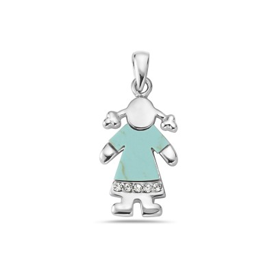 Sterling Silver Pndt Girl with Turquoise Shirt + Cubic Zirconia-Rhodium Plating Plated