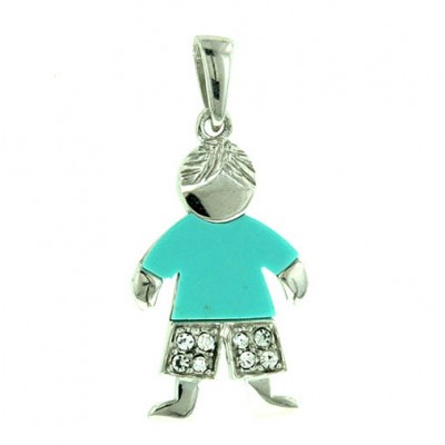 Sterling Silver Pendant Little Boy with Faux Turquoise Shirt+Clear Cubic Zirconia Pant