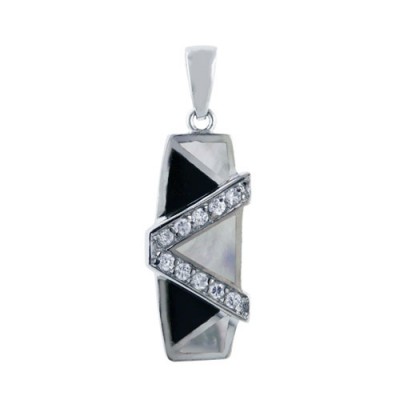 Sterling Silver Pendant Triangle White Mother of Pearl+Onyx with Cubic Zirconia 'V'