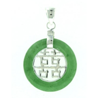 Sterling Silver Pendant Green Jade Donut with Oriental 'Happiness'