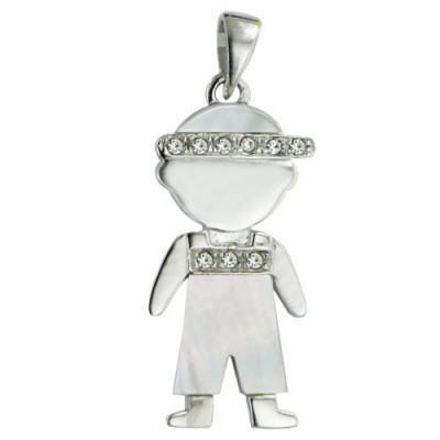 Sterling Silver Pendant Little Boy Wearing White Mother of Pearl+Clear Cubic Zirconia Hat &