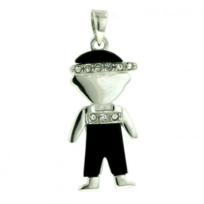 Sterling Silver Pendant Little Boy Wearing Onyx+Clear Cubic Zirconia Hat & Overa
