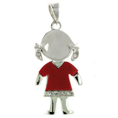 Sterling Silver Pendant Little Girl Wearing Red Coral+Clear Cubic Zirconia Shirt