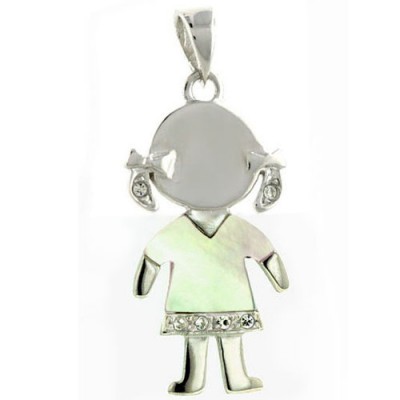 Sterling Silver Pendant Little Girl Wearing White Mother of Pearl+Clear Cubic Zirconia Shirt