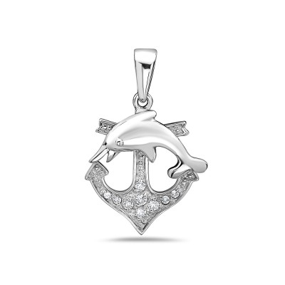 Sterling Silver Pendant Clear Cubic Zirconia Anchor+Plain Dolphin