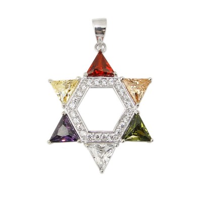 Sterling Silver Pendant Garnet +Champagne+Olivine+Cl+Ame+Cn Jewish Star