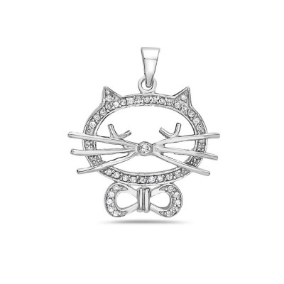 Sterling Silver Pendant Plain+Clear Cubic Zirconia Open Cat with Box