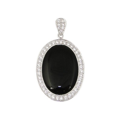 Sterling Silver Pendant 29X22mm Oval Onyx with Clear Cubic Zirconia Outline